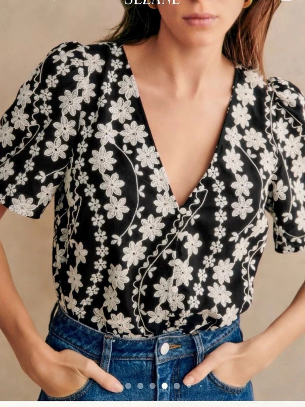 Sézane Emma Blouse Floral in Black & White